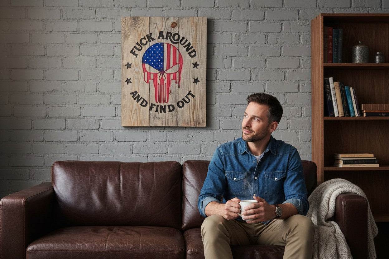 TK Wood Designs wooden sign with American flag skull and text "FUCK AROUND AND FIND OUT"