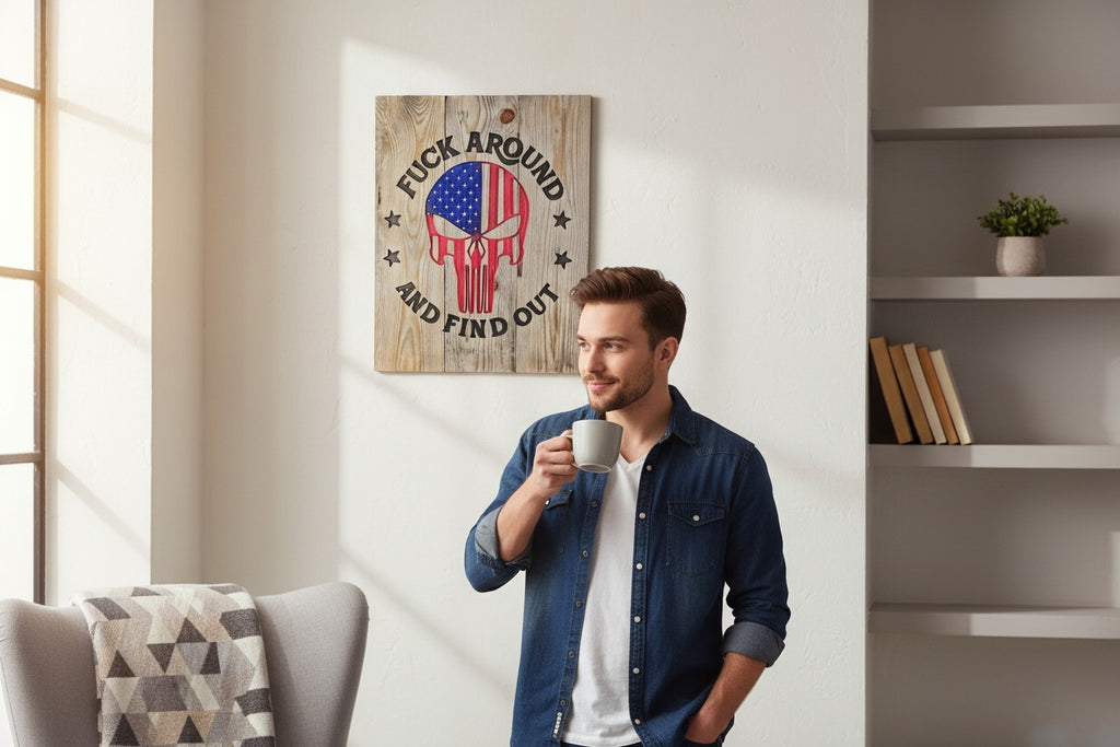 TK Wood Designs wooden sign with American flag skull and text "FUCK AROUND AND FIND OUT". 16" H x 12 3/4" W.