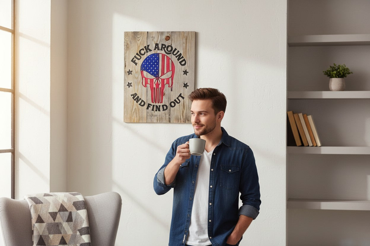 TK Wood Designs wooden sign with American flag skull and text "FUCK AROUND AND FIND OUT". 16" H x 12 3/4" W.