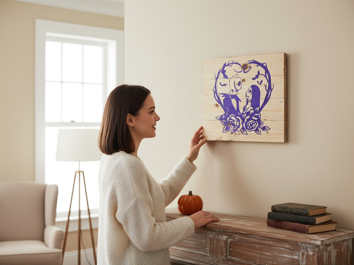 Woman hanging a TK Wood Designs purple gothic couple silhouette wooden wall plaque with rose and branch heart design.