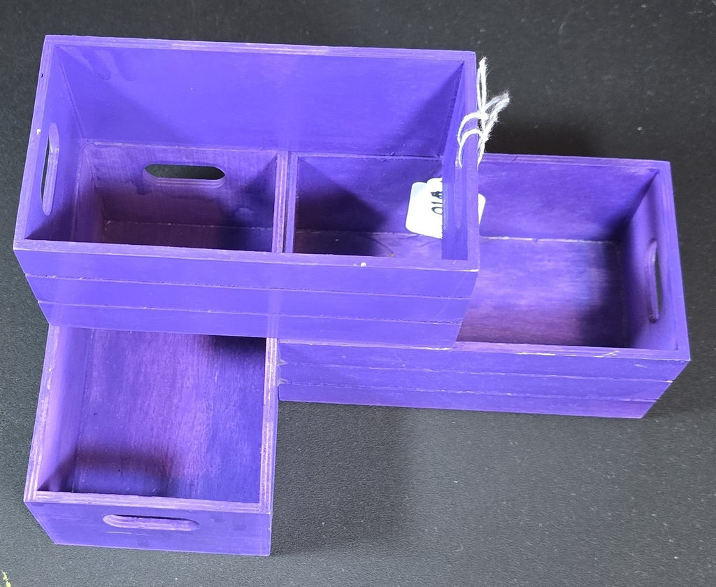 TK Wood Designs purple wooden crate storage organizer set with cut-out handles and dividers.