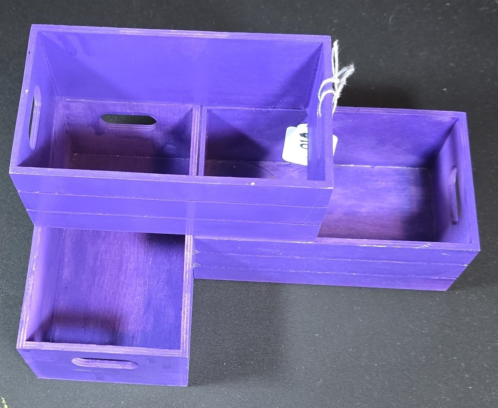 TK Wood Designs purple wooden crate storage organizer set with cut-out handles and dividers.