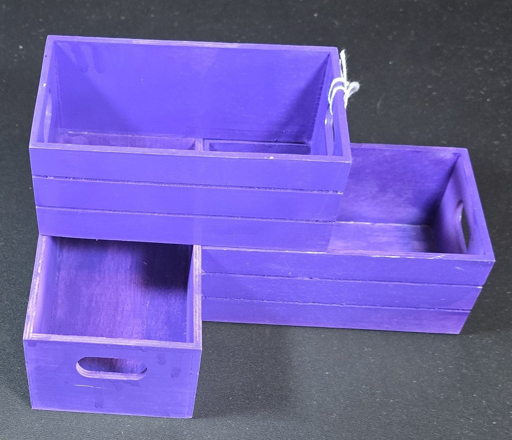 TK Wood Designs purple wooden crate storage organizer set with cut-out handles. Includes multiple sizes for versatile organization.