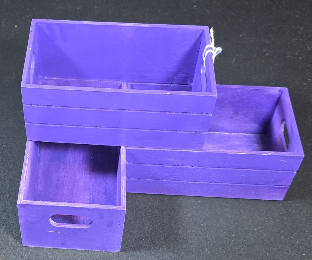 TK Wood Designs set of 3 purple wooden crates with cut-out handles for storage and organization.