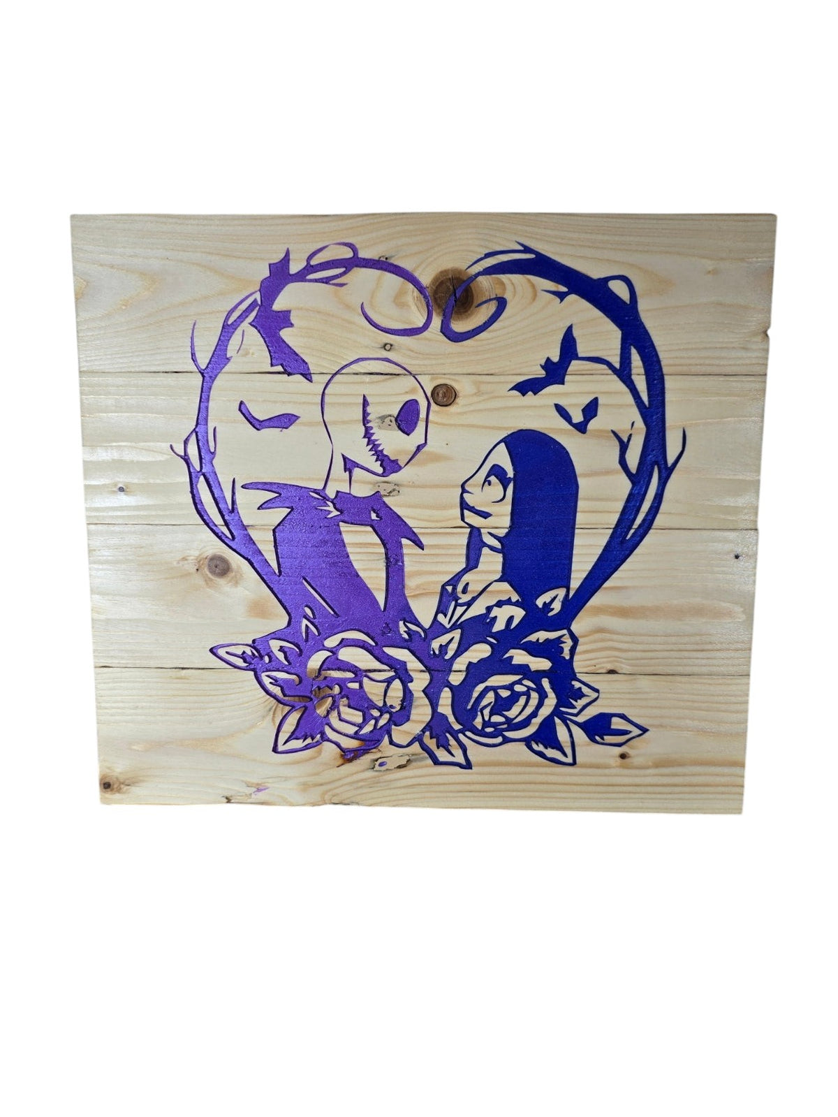 TK Wood Designs wooden wall art plaque featuring a purple spooky couple silhouette inside a heart of roses and branches