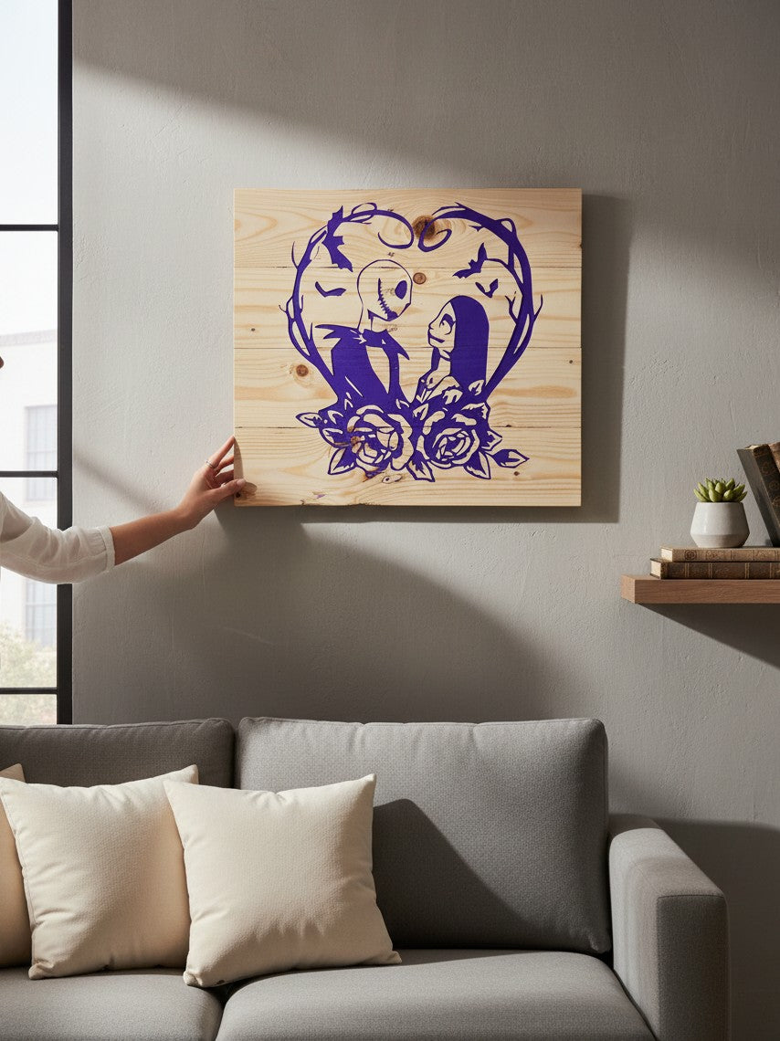 TK Wood Designs decorative wooden wall art plaque featuring a purple spooky couple silhouette in a heart of roses.