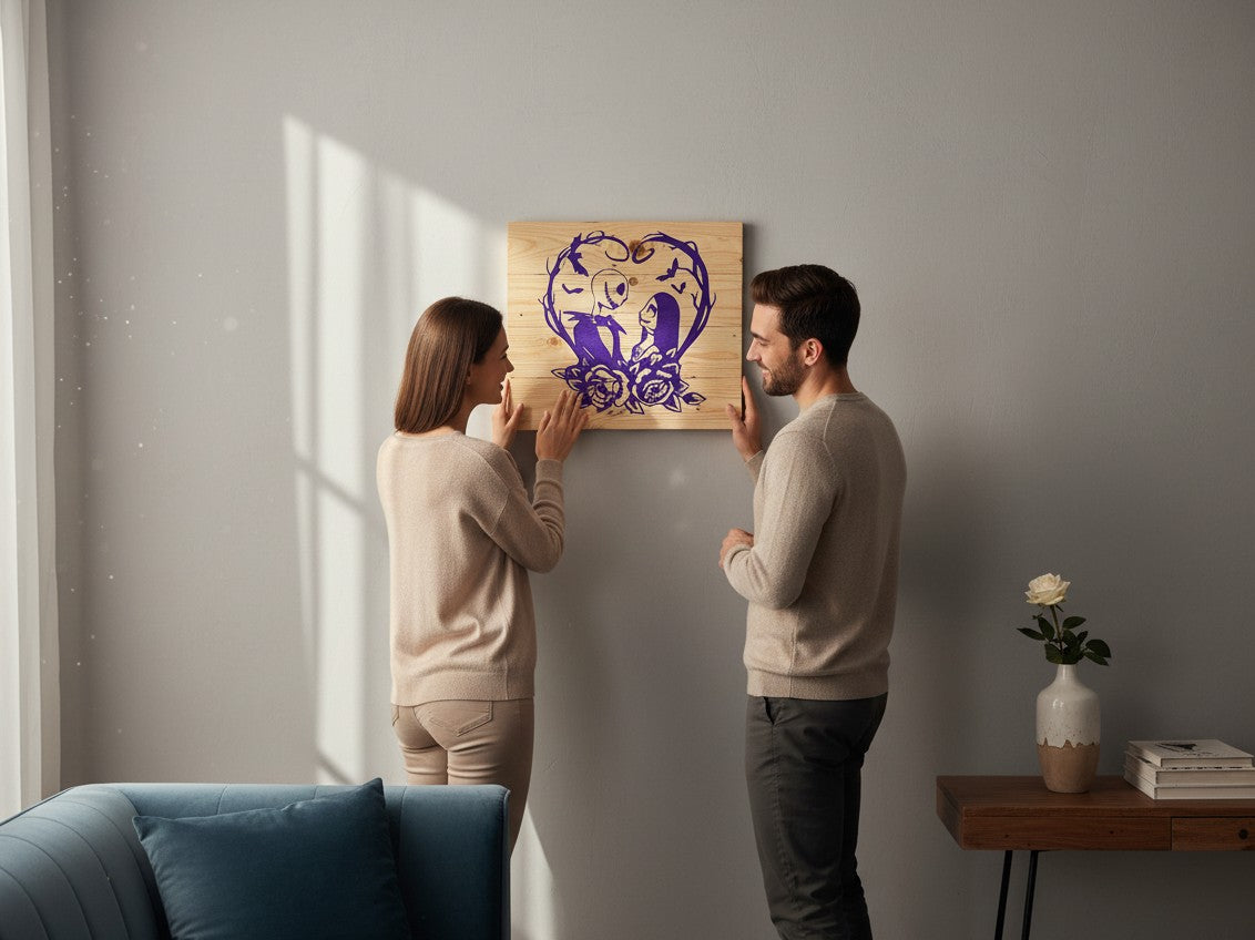 A couple hanging a TK Wood Designs purple wooden wall art plaque featuring a spooky couple silhouette in a heart frame.