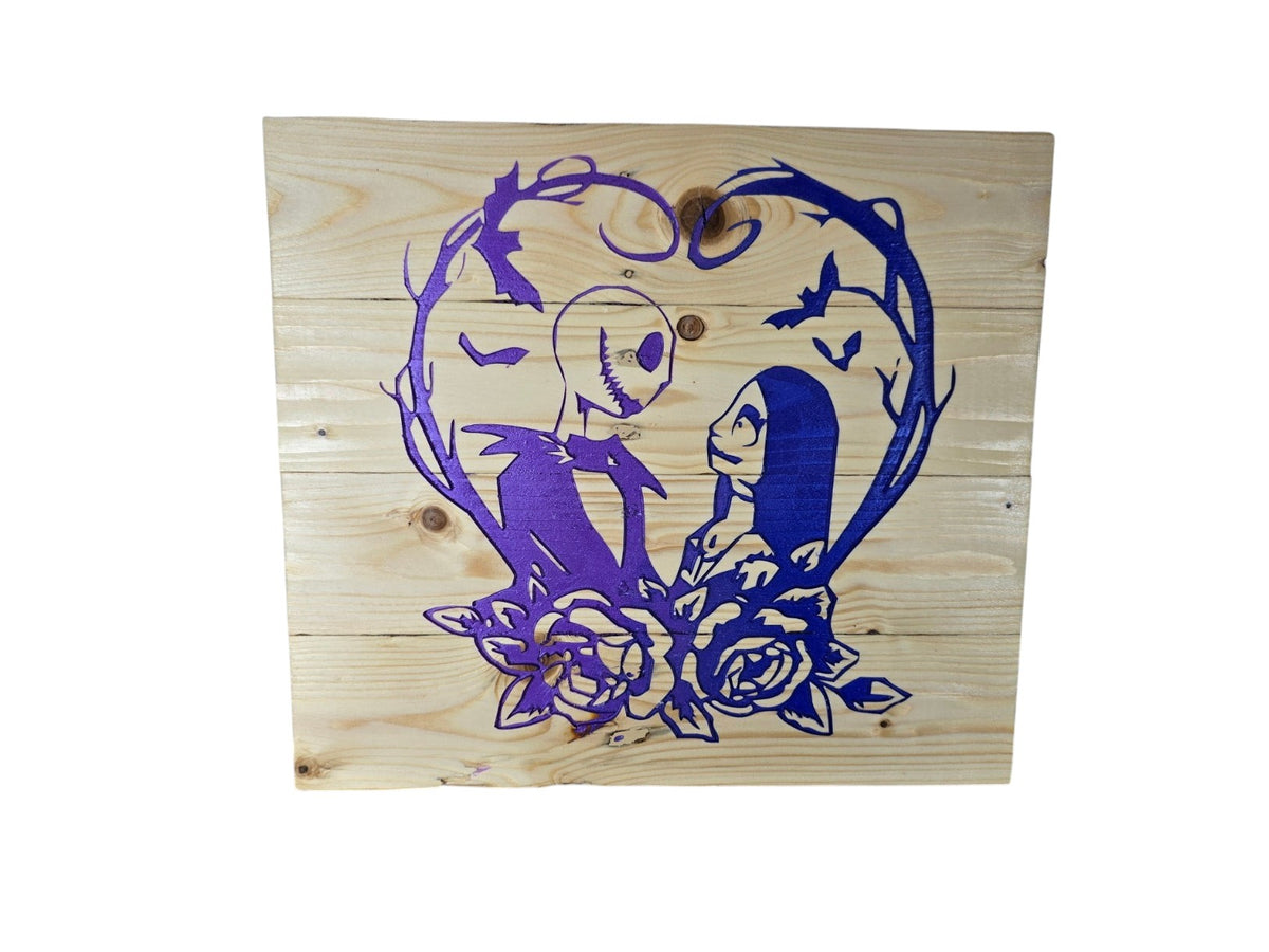 TK Wood Designs gothic wooden wall plaque featuring a purple spooky couple silhouette framed by heart-shaped branches.