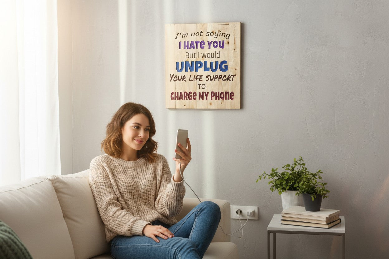 TK Wood Designs wooden sign with humorous quote about charging phone. "I hate you, but I would unplug your life support to charge my phone."