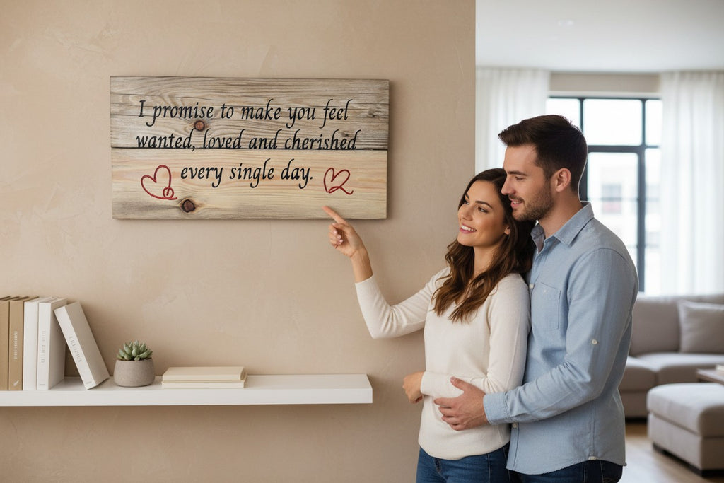 TK Wood Designs wooden sign with quote "I promise to make you feel wanted, loved and cherished every single day." in black script with red hearts.
