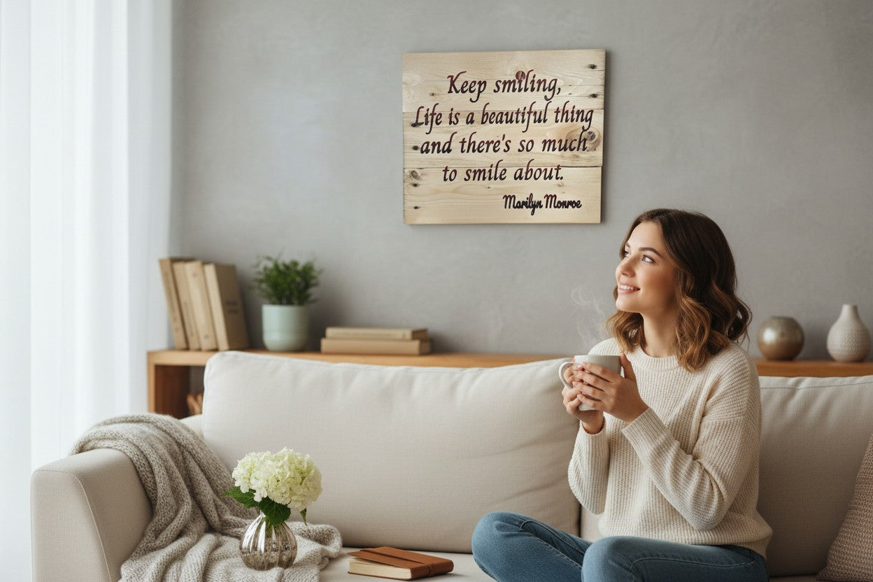 TK Wood Designs natural wood sign with Marilyn Monroe quote "Keep smiling, Life is a beautiful thing and there's so much to smile about."