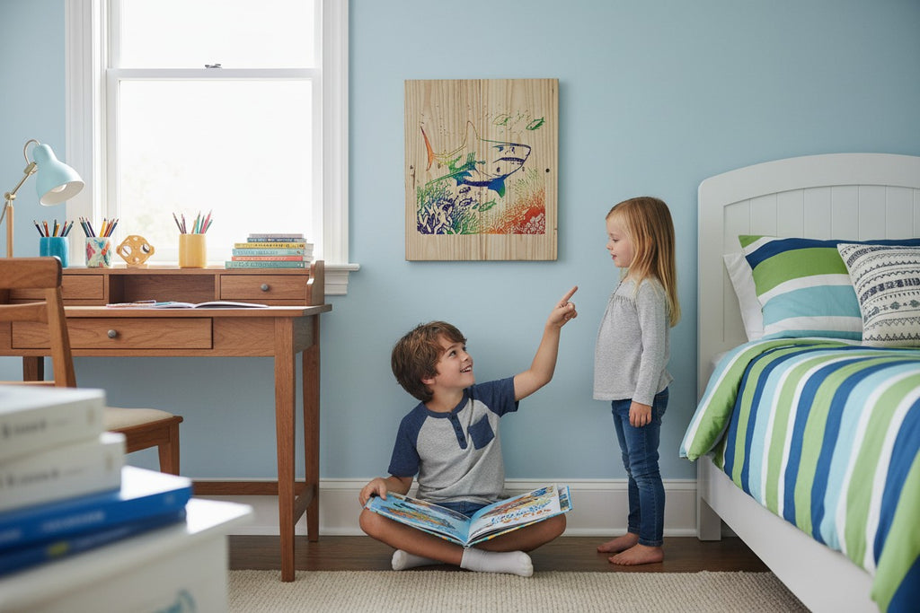 TK Wood Designs wooden art featuring a rainbow-colored shark swimming with smaller fish and coral.