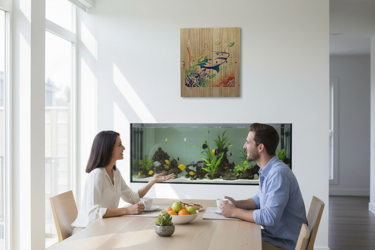 TK Wood Designs wooden art featuring a rainbow-colored shark swimming with smaller fish and coral.