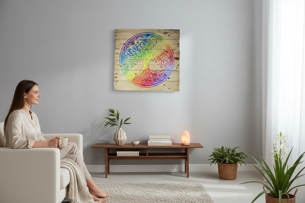 TK Wood Designs Rainbow Tree of Life sign, crafted from reclaimed pallet wood with vibrant rainbow colors. Features intricate tree design and Celtic knot border.