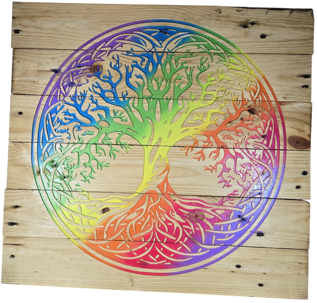 TK Wood Designs Rainbow Tree of Life sign crafted from reclaimed pallet wood with vibrant rainbow colors. 23.5" H x 24.5" W.