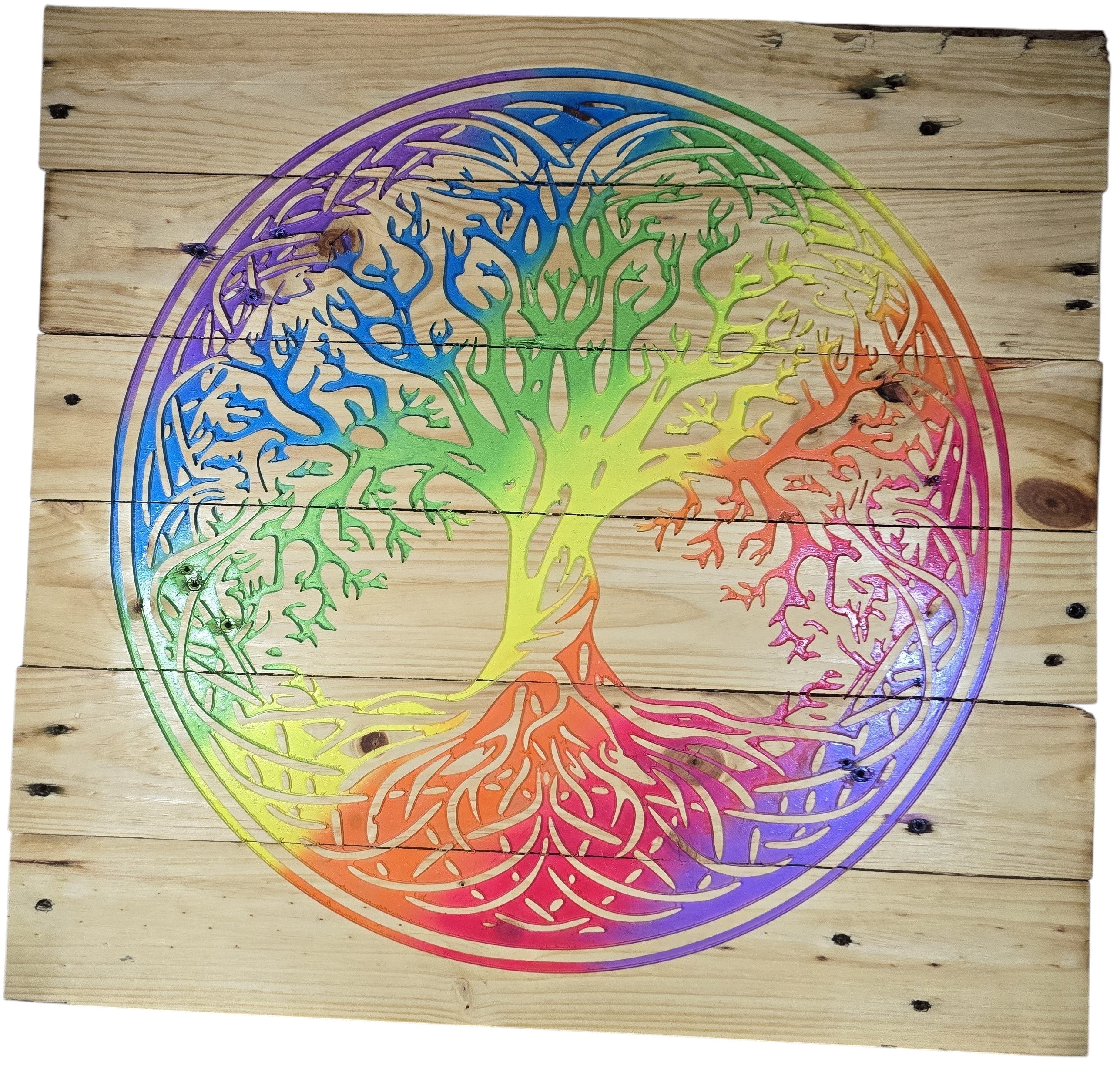 TK Wood Designs Rainbow Tree of Life sign crafted from reclaimed pallet wood with vibrant rainbow colors. 23.5" H x 24.5" W.