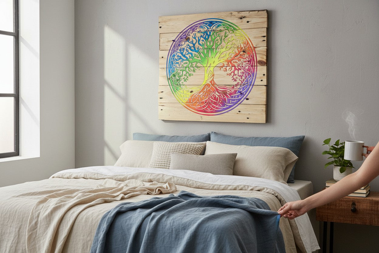 TK Wood Designs Rainbow Tree of Life sign, crafted from reclaimed pallet wood with vibrant rainbow colors. Features intricate tree design and roots.