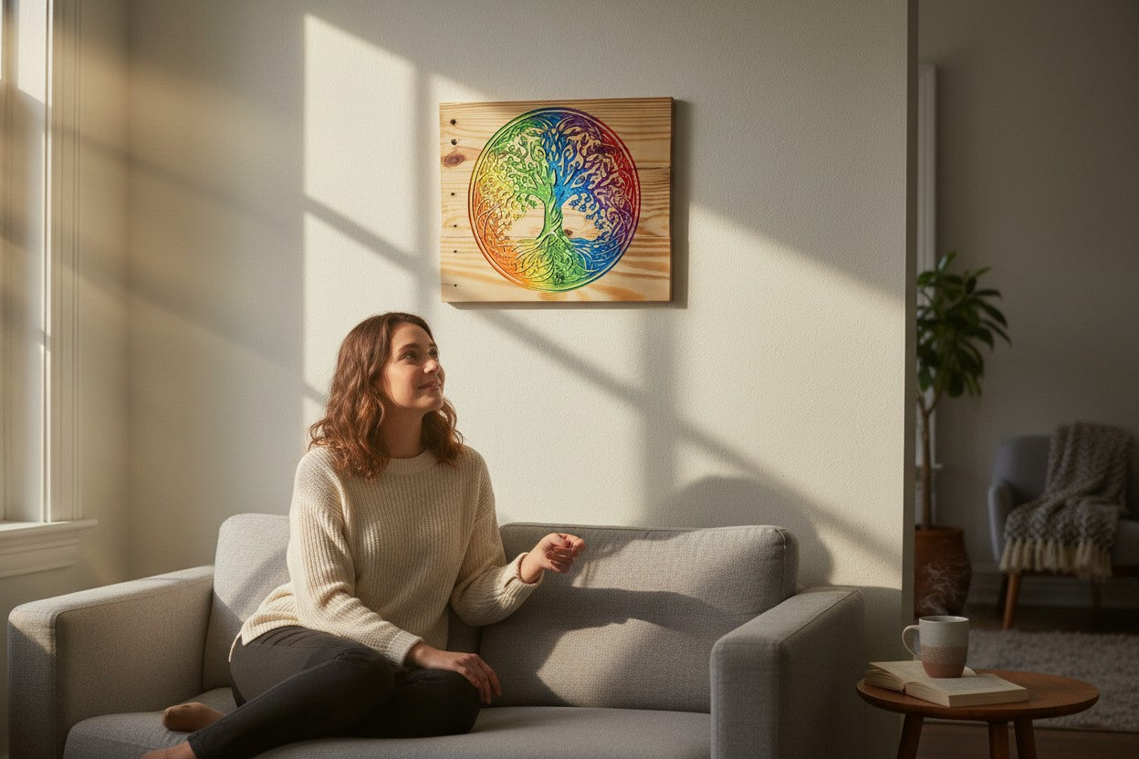 TK Wood Designs Rainbow Tree of Life wooden wall art with intricate carving and vibrant rainbow colors.