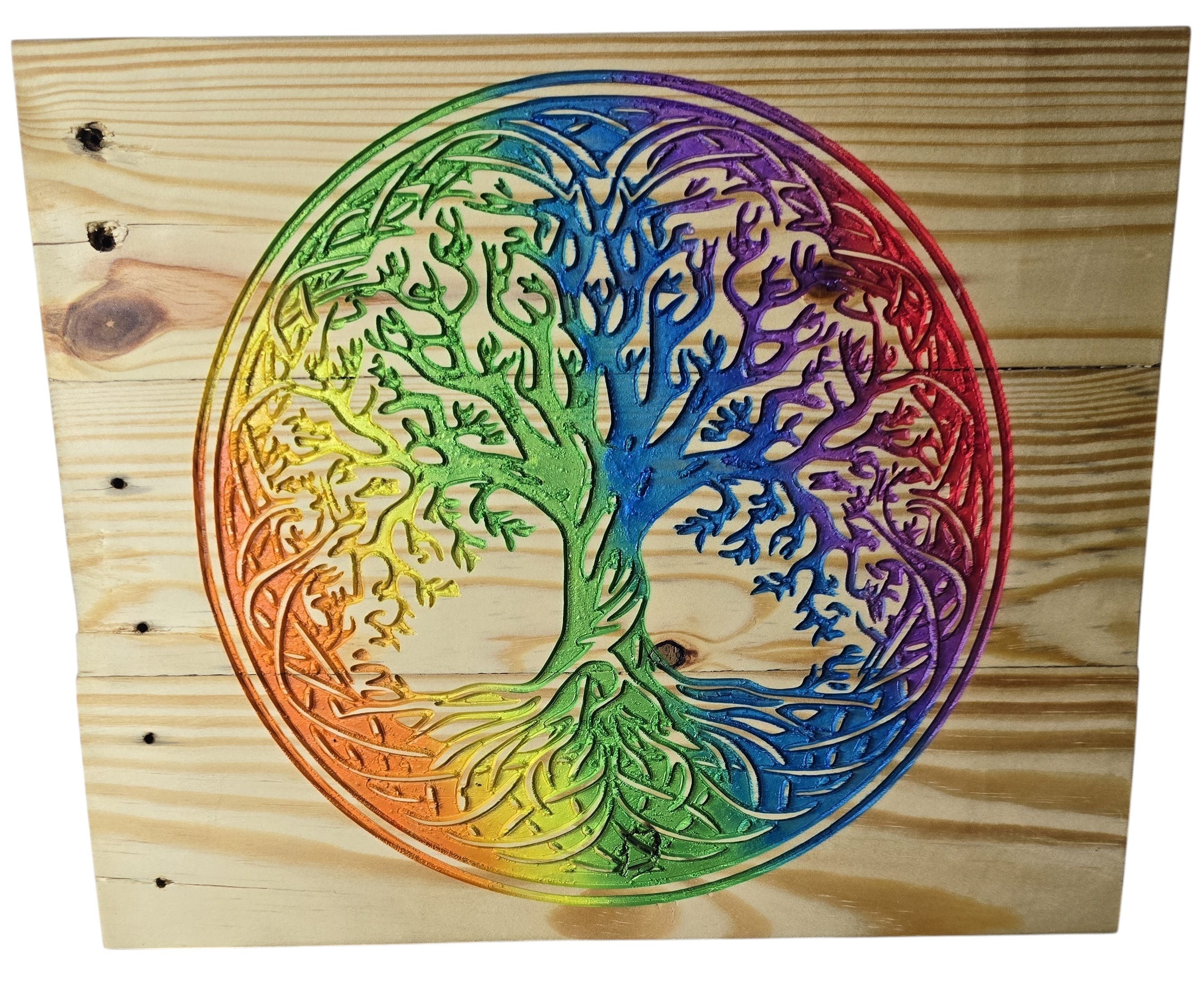 TK Wood Designs Rainbow Tree of Life wooden wall art with intricate branches and roots.