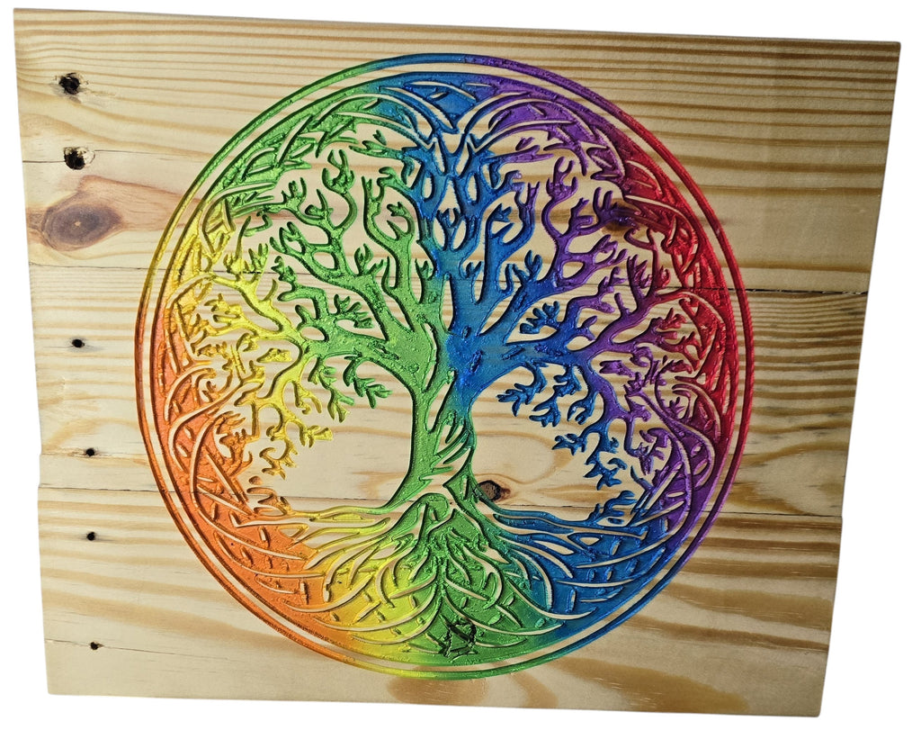 TK Wood Designs Rainbow Tree of Life wooden wall art with intricate branches and roots.