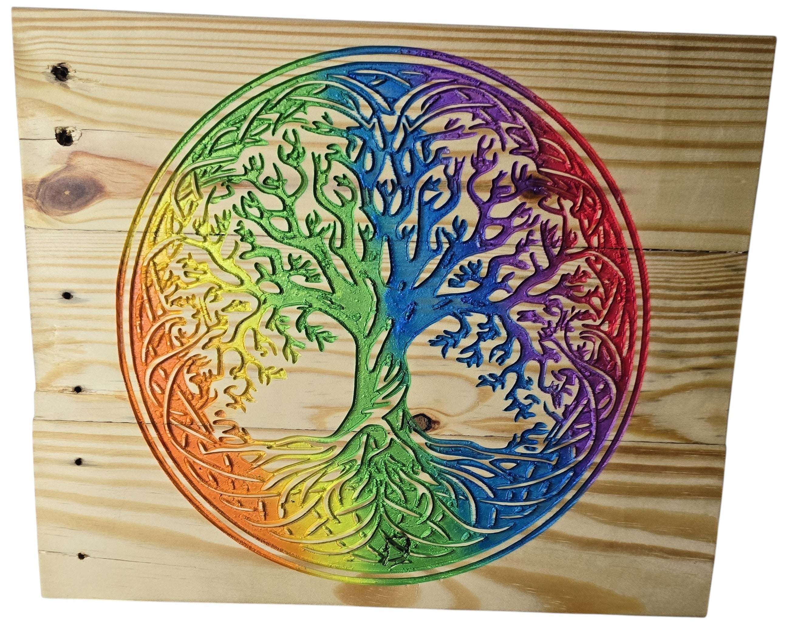 TK Wood Designs Rainbow Tree of Life wooden wall art with intricate branches and roots.