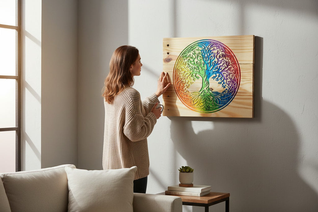 TK Wood Designs Rainbow Tree of Life wooden wall art with intricate carving and vibrant rainbow colors.