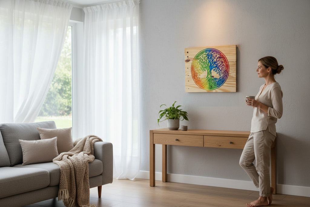 TK Wood Designs Rainbow Tree of Life wooden wall art with intricate carving and vibrant rainbow colors.
