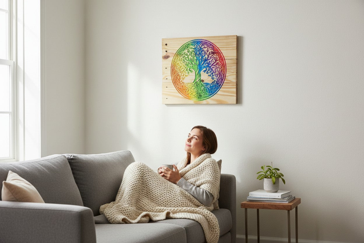 TK Wood Designs Rainbow Tree of Life wooden wall art with intricate carved details and vibrant rainbow gradient.
