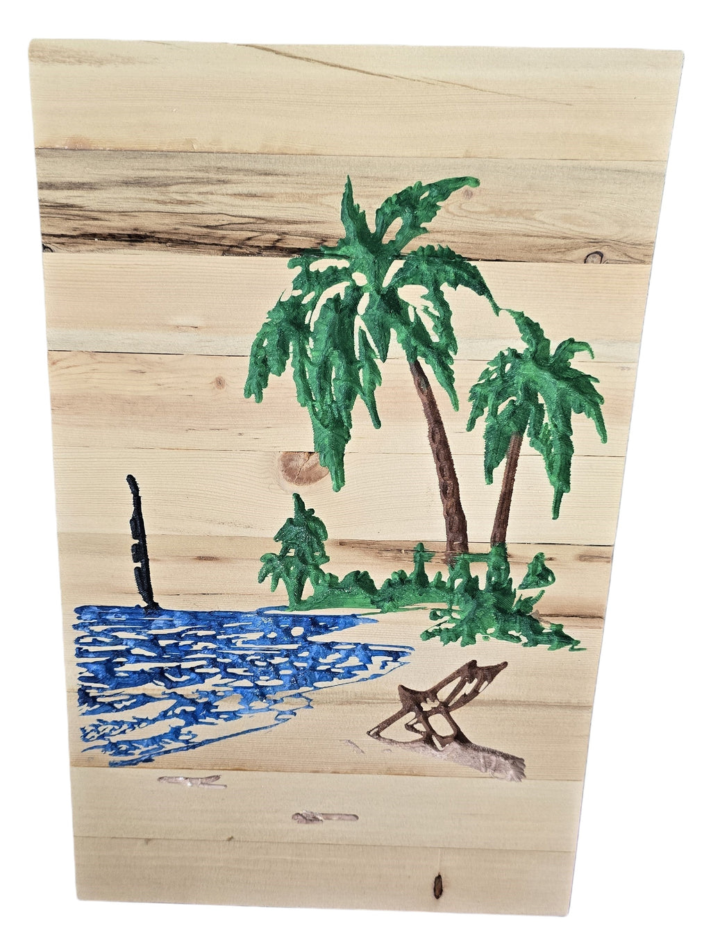 TK Wood Designs reclaimed wood art with hand-painted beach scene, palm trees, ocean, and lounge chair.