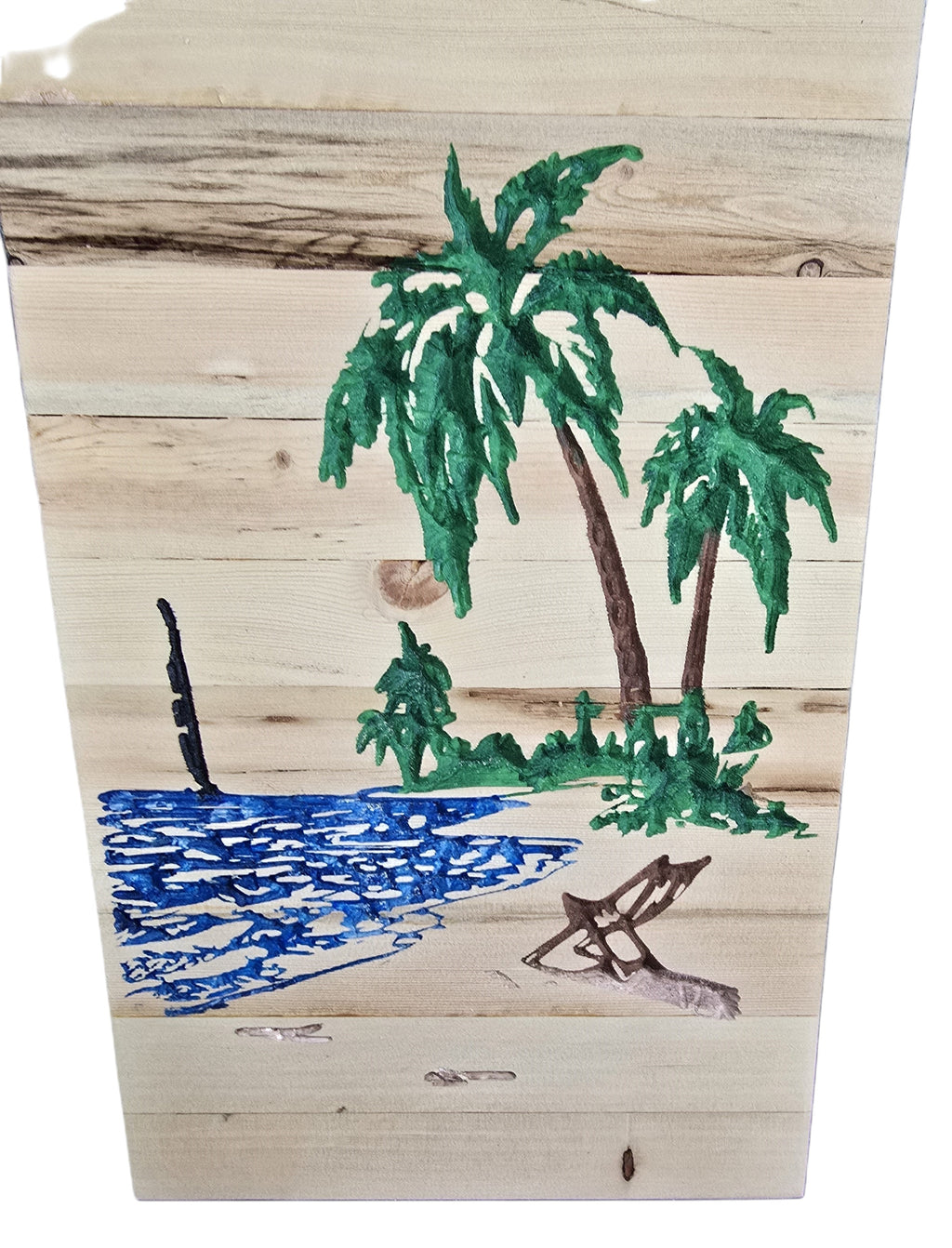 TK Wood Designs hand-painted reclaimed wood beach scene with palm trees, ocean, and lounge chair. 16" H x 10.5" L.