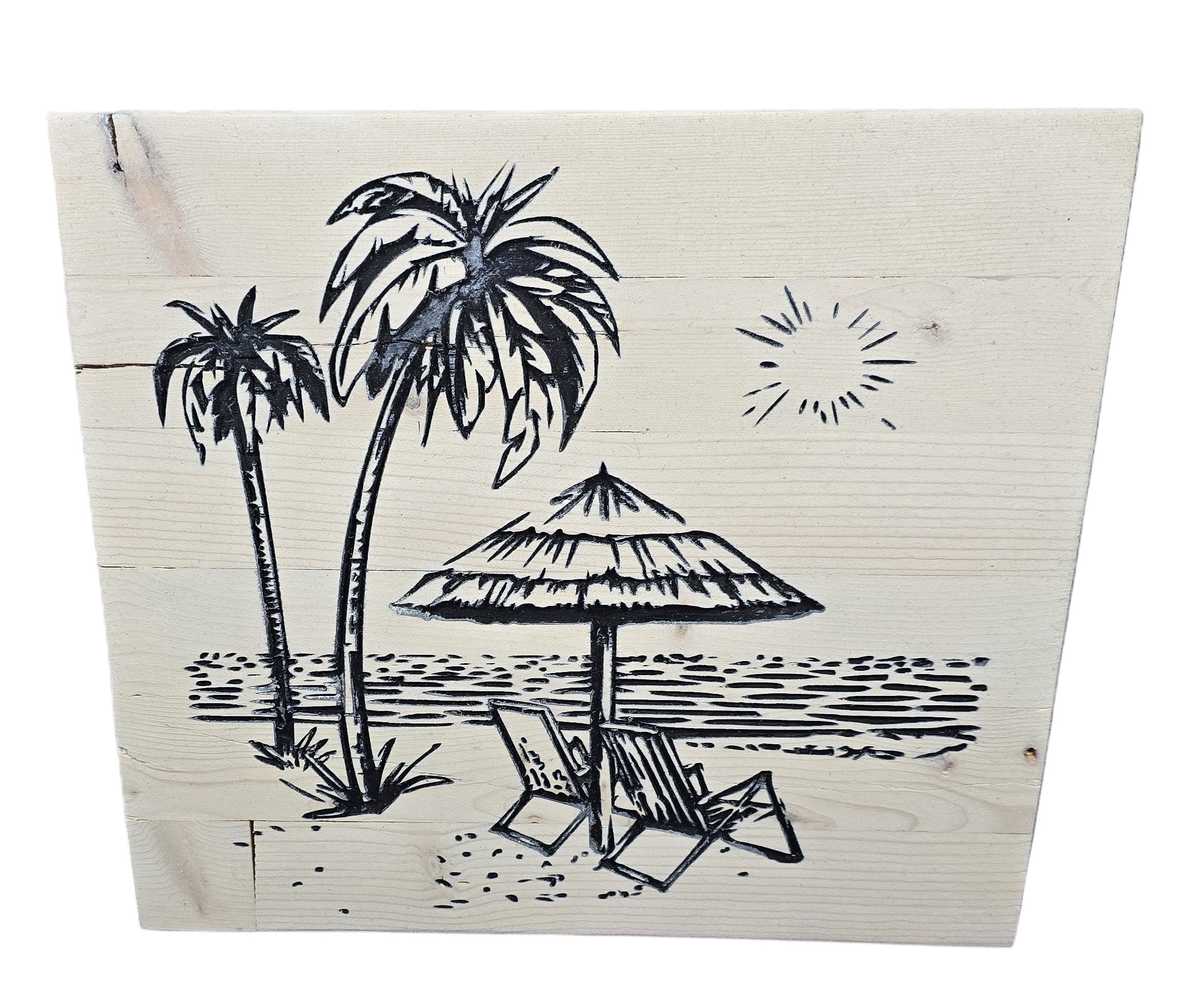 TK Wood Designs reclaimed wood wall art with a black line drawing of a beach scene, featuring palm trees, beach chairs, and an umbrella.