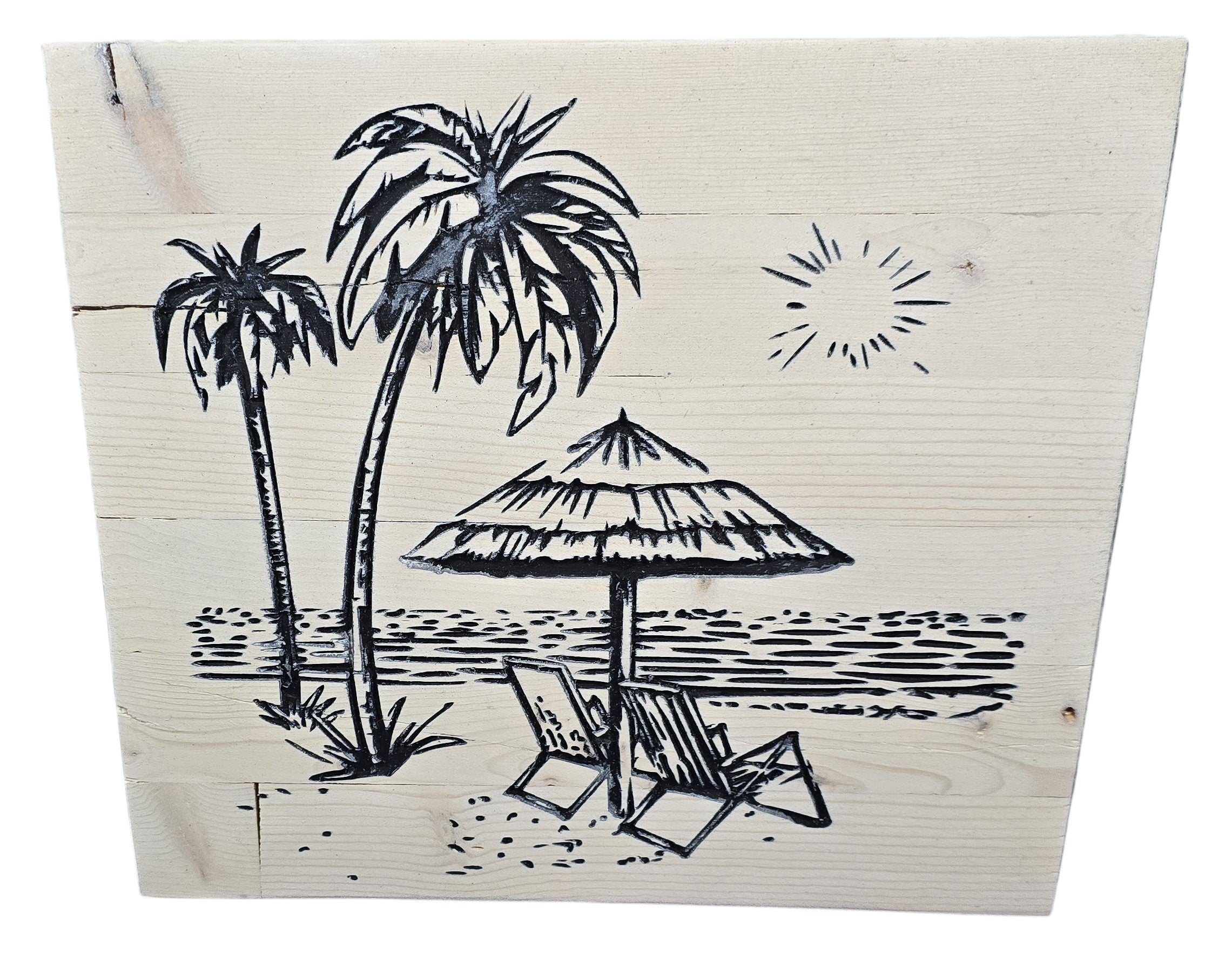 TK Wood Designs reclaimed wood wall art with a black line drawing of a beach scene, featuring palm trees, an umbrella, chairs, and the sun.