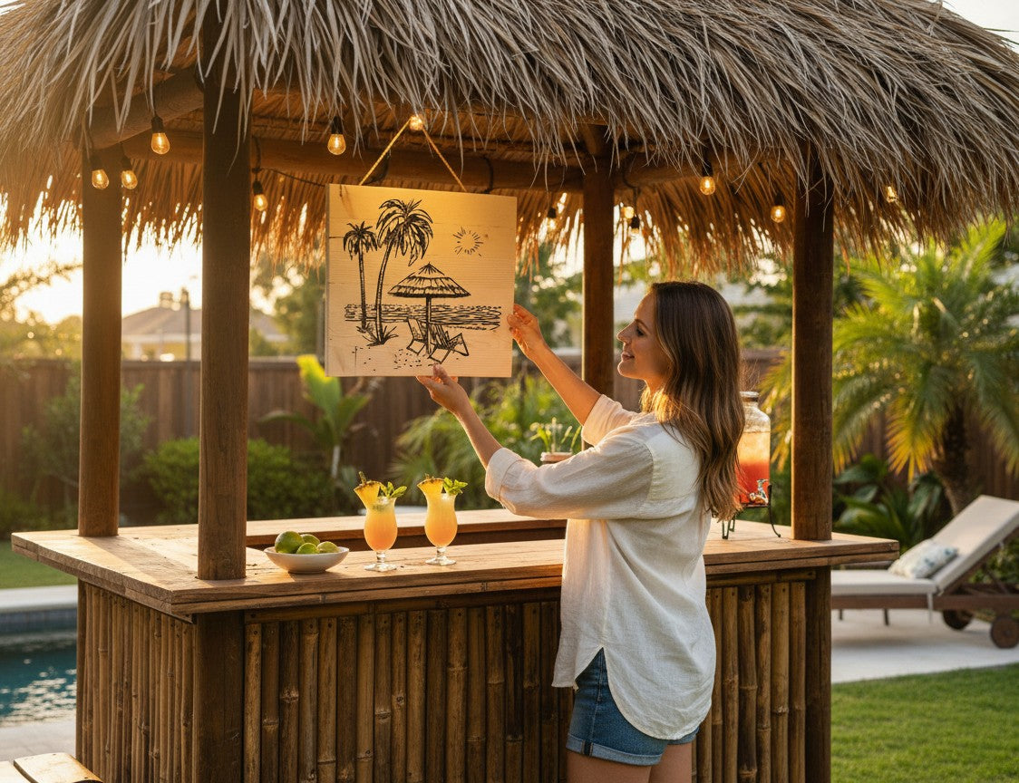 TK Wood Designs reclaimed wood wall art featuring a black line drawing of a beach scene with palm trees, umbrella, chairs, and sun.