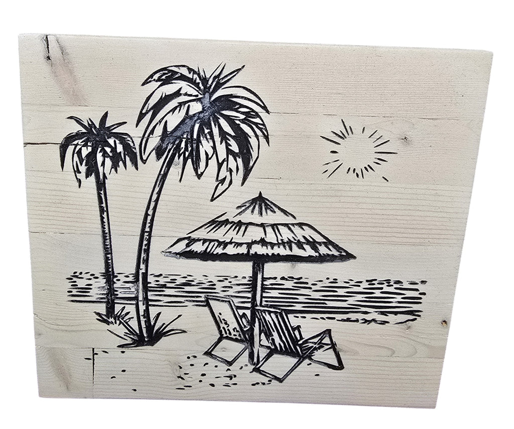 TK Wood Designs reclaimed wood wall art featuring a black line drawing of a beach scene with palm trees, beach chairs, and an umbrella.