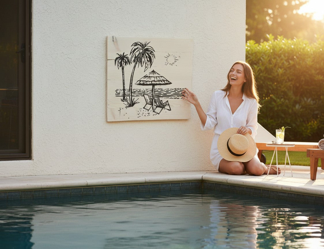 TK Wood Designs reclaimed wood wall art depicting a beach scene with palm trees, umbrella, chairs, and sun.