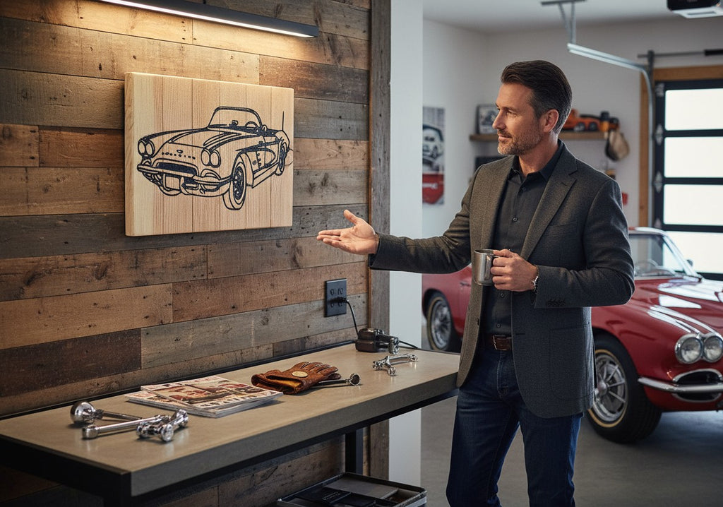 TK Wood Designs reclaimed wood sign featuring a carved black outline of a classic convertible car with a natural wood patina.
