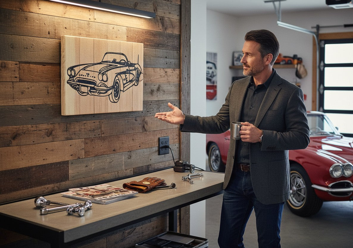 TK Wood Designs reclaimed wood sign featuring a carved black outline of a classic convertible car with a natural wood patina.