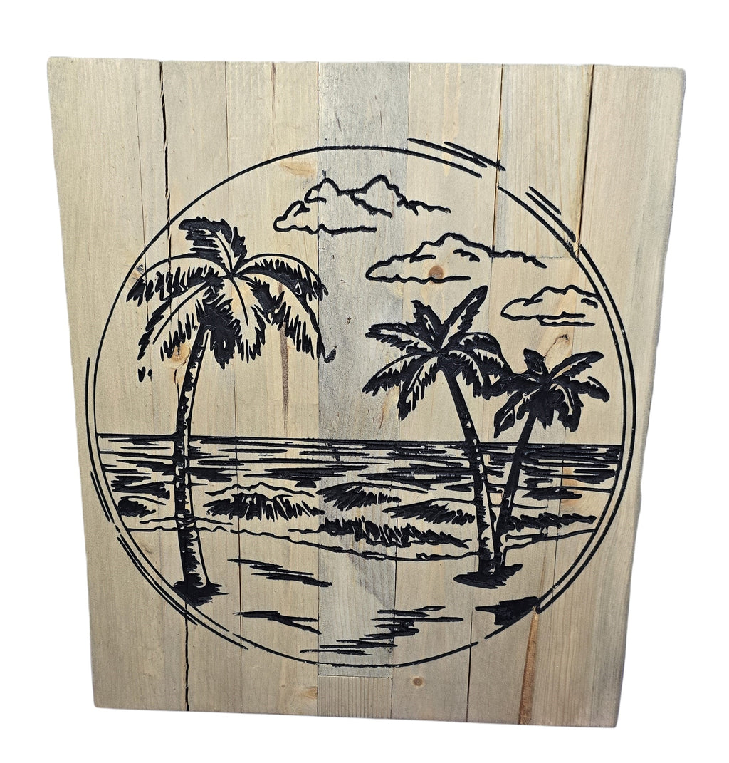 TK Wood Designs hand-painted reclaimed wood art featuring a coastal scene with palm trees and ocean waves.