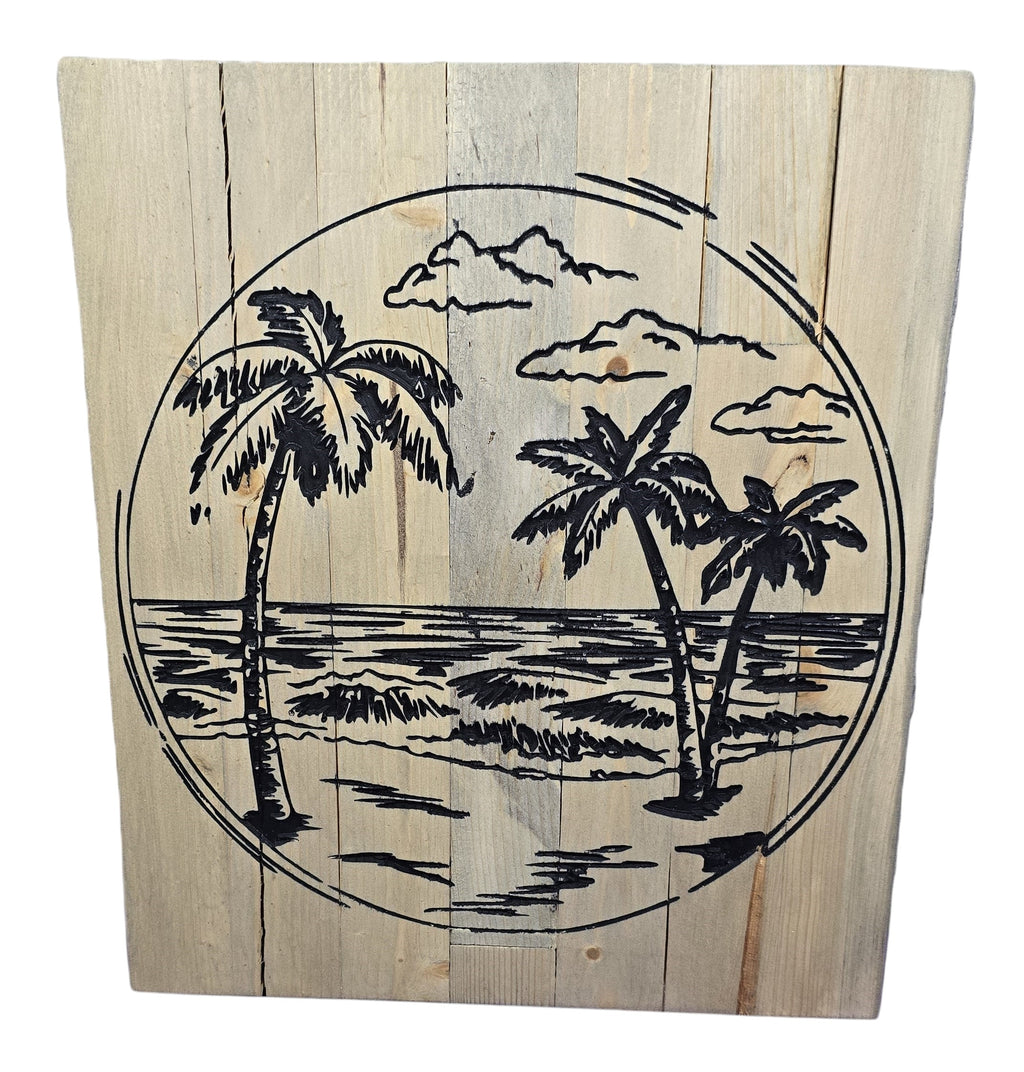 TK Wood Designs reclaimed wood art featuring a hand-painted coastal scene with palm trees and ocean waves within a circle.