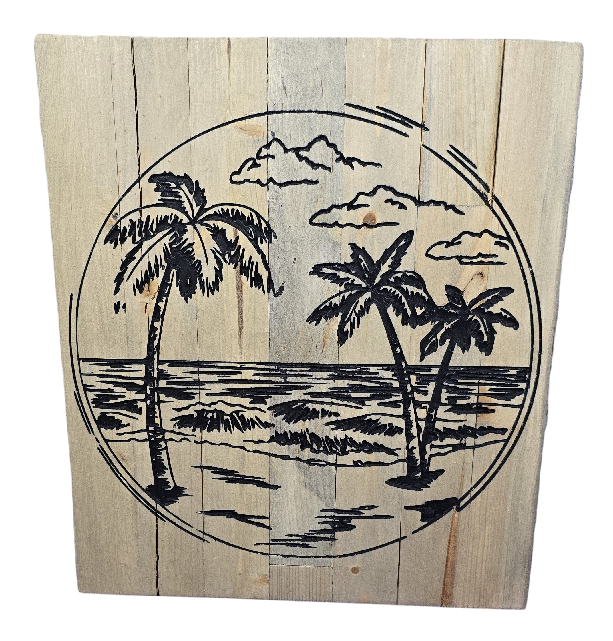 TK Wood Designs reclaimed wood art featuring a hand-painted coastal scene with palm trees and ocean waves within a circle.