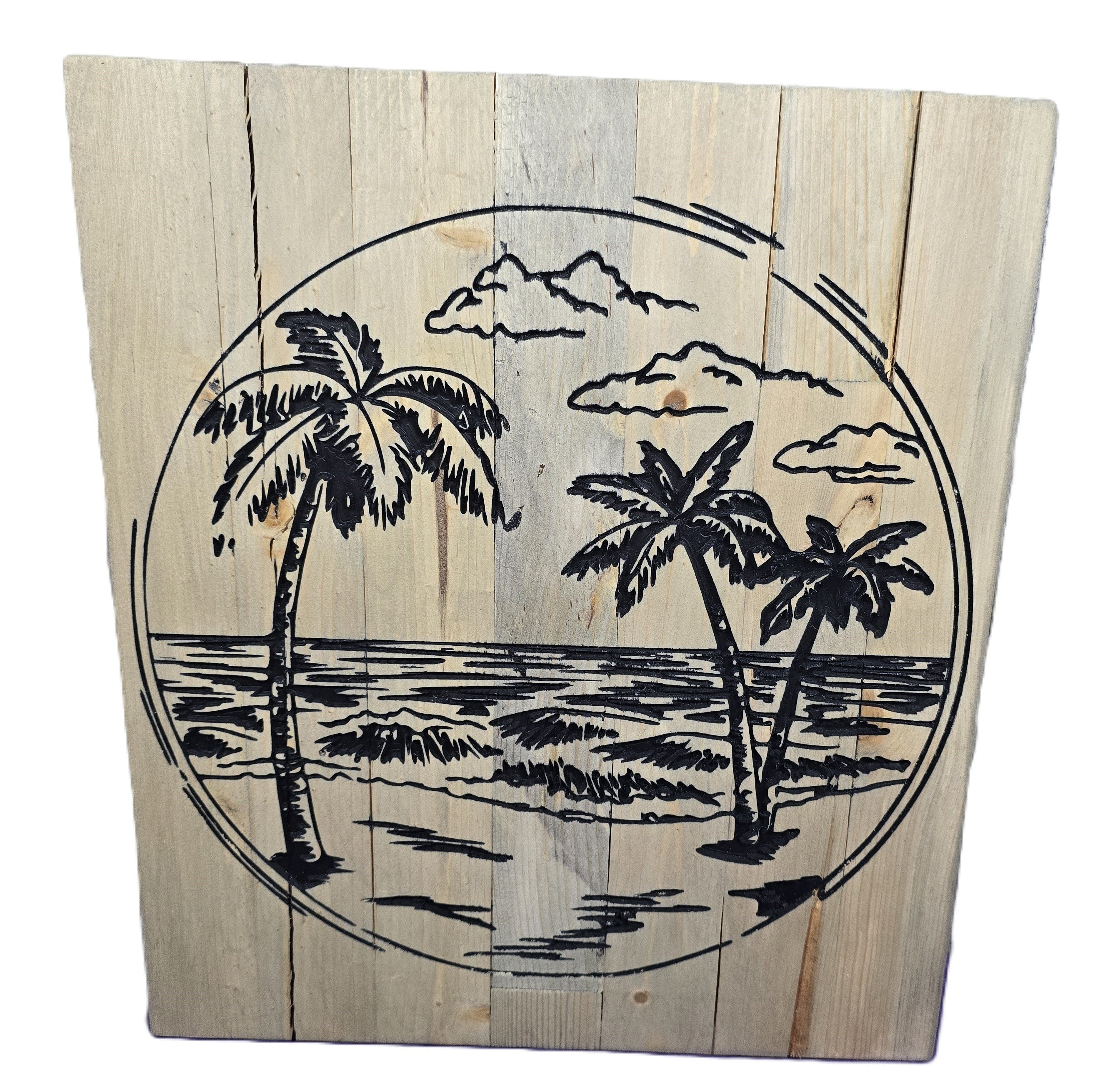 TK Wood Designs reclaimed wood wall art featuring a hand-painted coastal scene with palm trees and ocean waves.