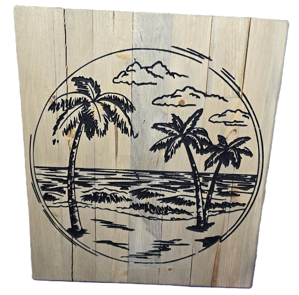 TK Wood Designs reclaimed wood wall art featuring a hand-painted coastal scene with palm trees and ocean waves.