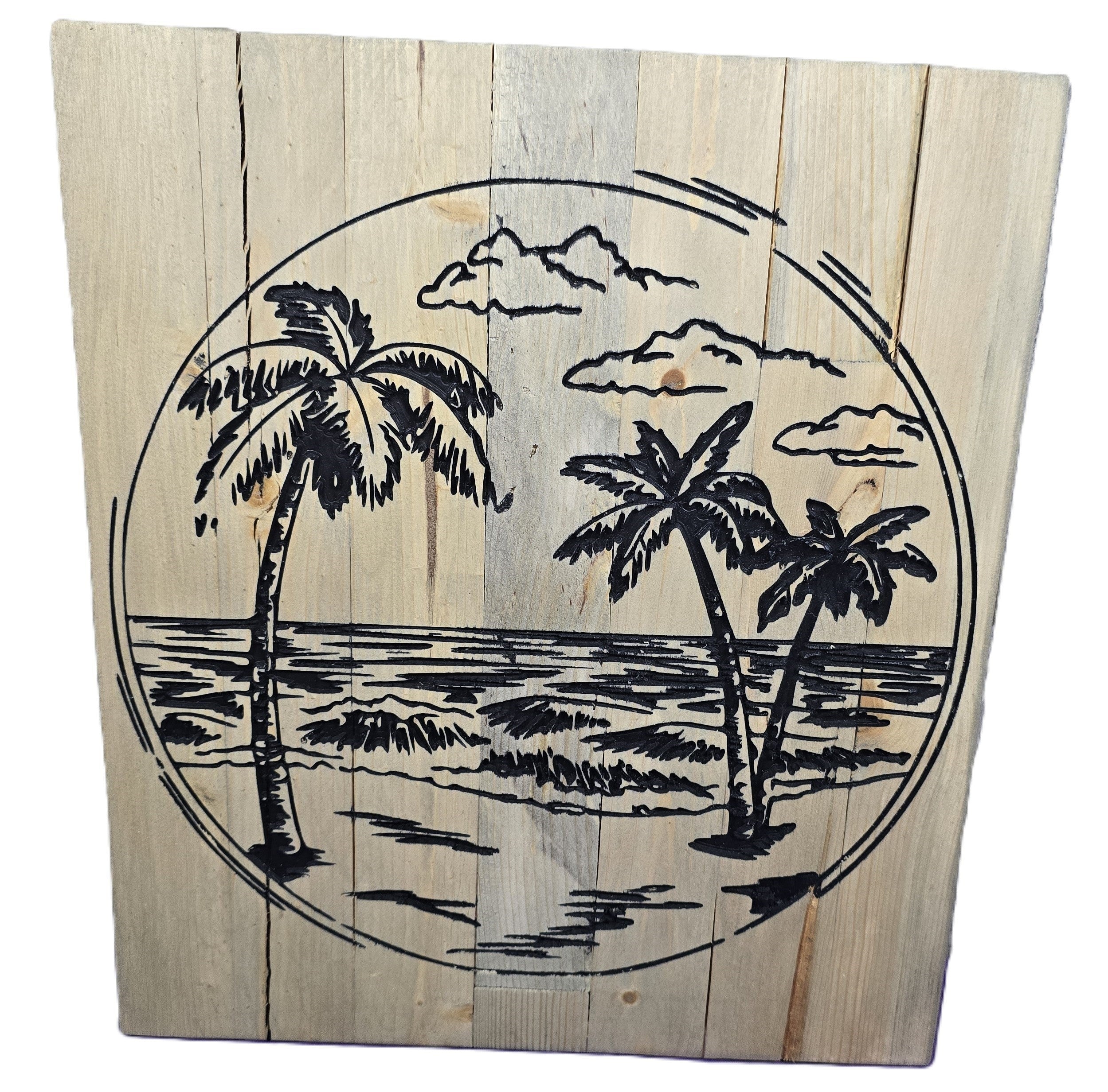 TK Wood Designs reclaimed wood wall art featuring a hand-painted coastal scene with palm trees and ocean waves.