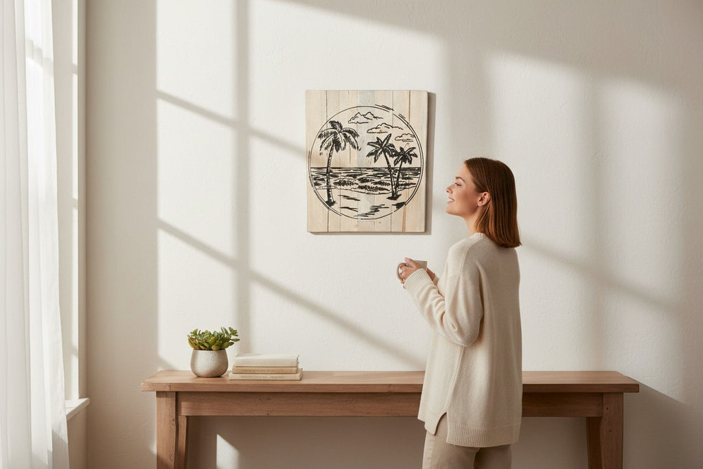TK Wood Designs reclaimed wood art featuring a hand-painted coastal scene with palm trees and ocean waves within a circle.