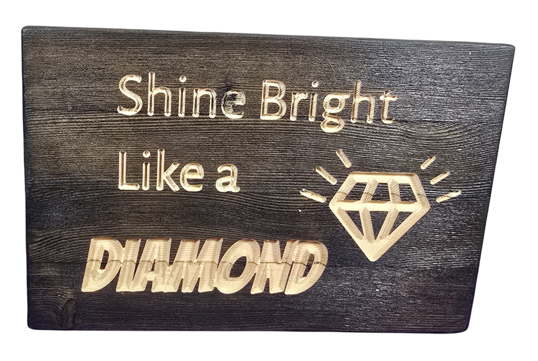 TK Wood Designs reclaimed wood sign with carved text "Shine Bright Like a Diamond" and a diamond graphic.