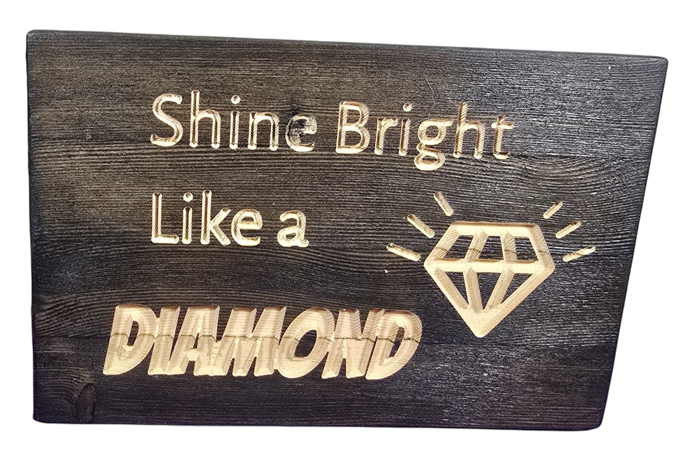 TK Wood Designs reclaimed wood sign with hand-painted text "Shine Bright Like a Diamond" and a carved diamond.