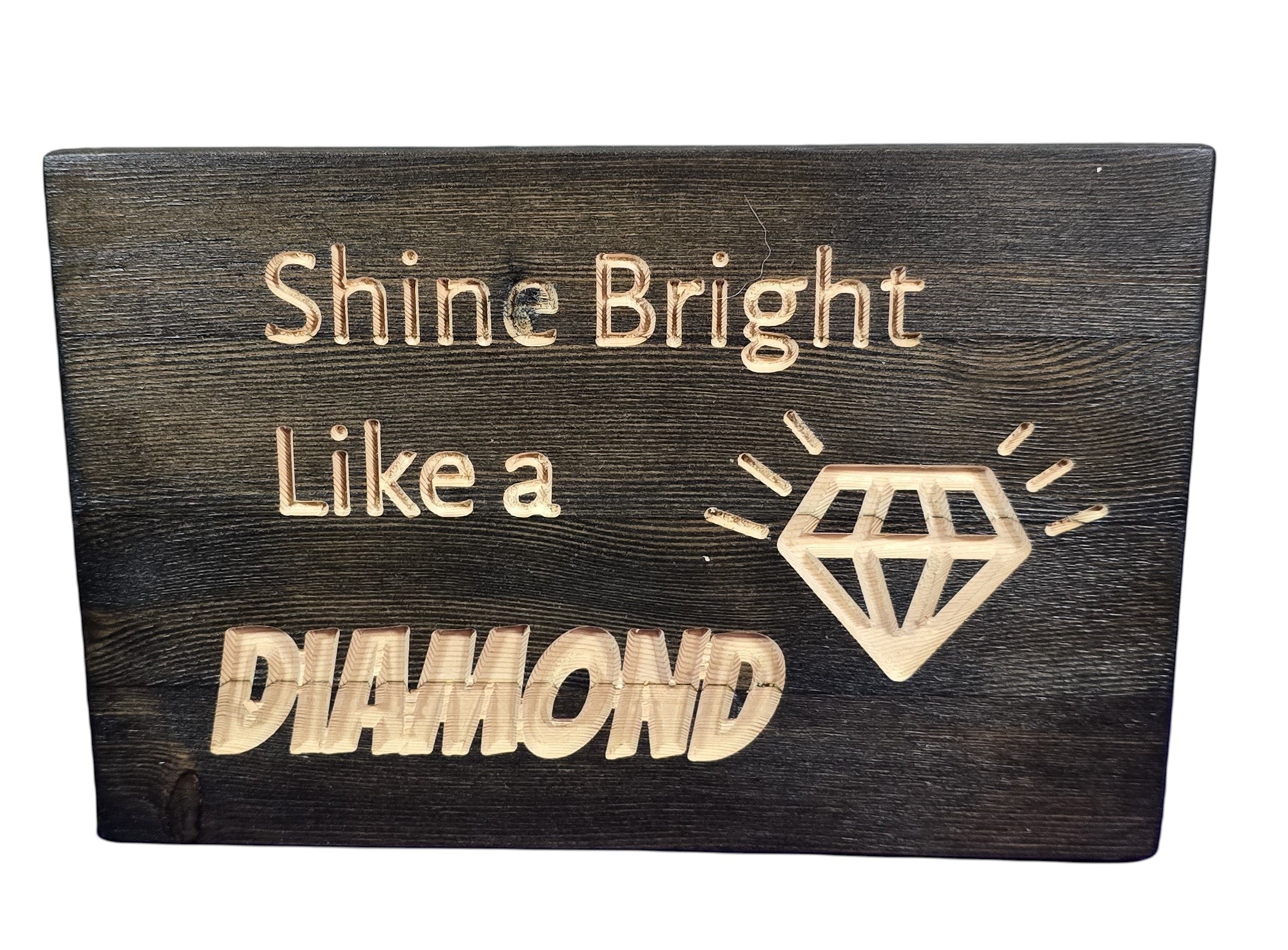 TK Wood Designs reclaimed wood sign with carved text "Shine Bright Like a Diamond" and a diamond graphic.