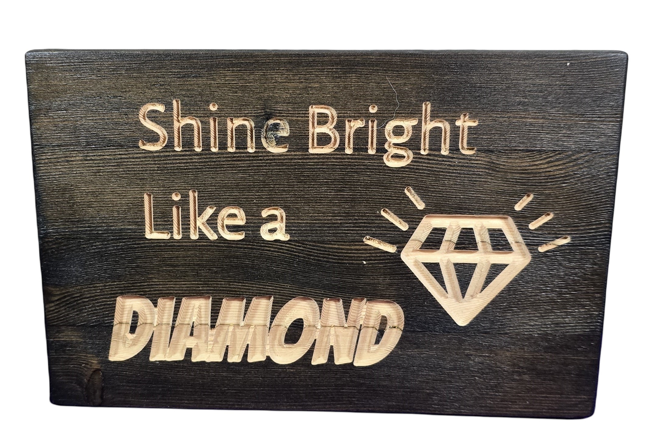 TK Wood Designs reclaimed wood sign with carved text "Shine Bright Like a Diamond" and a diamond graphic.