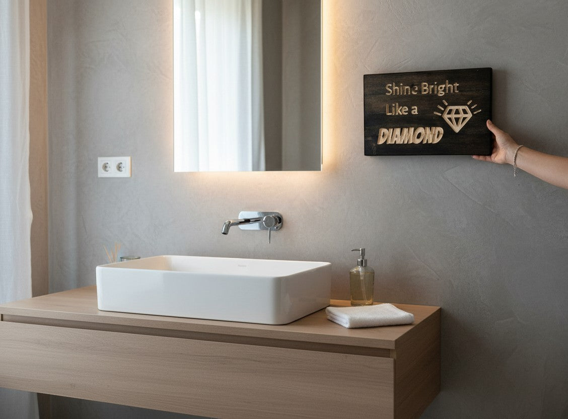 TK Wood Designs reclaimed wood sign with hand-painted diamond and text "Shine Bright Like a Diamond".