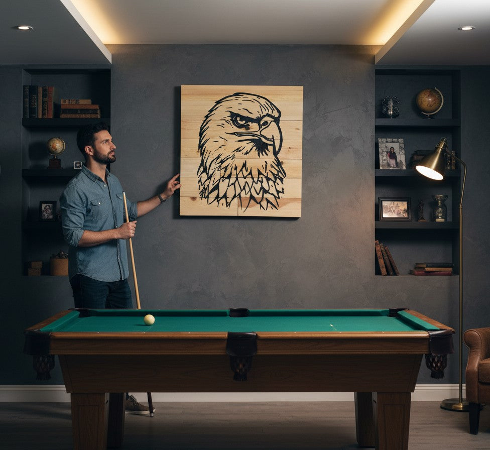 TK Wood Designs reclaimed wood sign with a black graphic of an eagle's head, featuring natural wood grain.